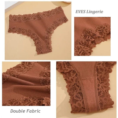 5PCS/Set Women Lace Seamless Cotton Panties Sexy Brazilian Pants Ribbed Breathable Girls Underwear Soft Plus Size Lingerie S-XL - A-1 Thread Vault