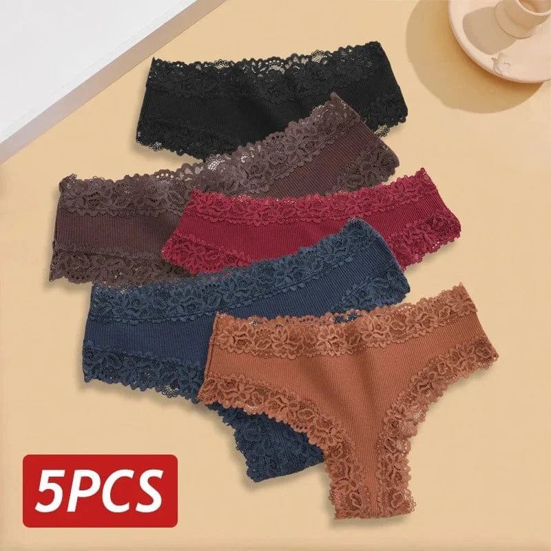5PCS/Set Women Lace Seamless Cotton Panties Sexy Brazilian Pants Ribbed Breathable Girls Underwear Soft Plus Size Lingerie S-XL - A-1 Thread Vault