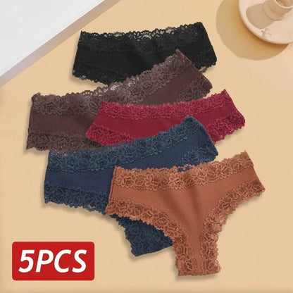 5PCS/Set Women Lace Seamless Cotton Panties Sexy Brazilian Pants Ribbed Breathable Girls Underwear Soft Plus Size Lingerie S-XL - A-1 Thread Vault