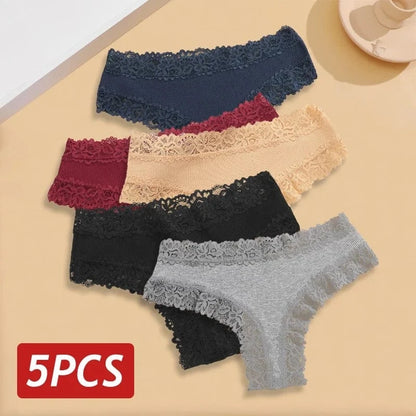 5PCS/Set Women Lace Seamless Cotton Panties Sexy Brazilian Pants Ribbed Breathable Girls Underwear Soft Plus Size Lingerie S-XL - A-1 Thread Vault