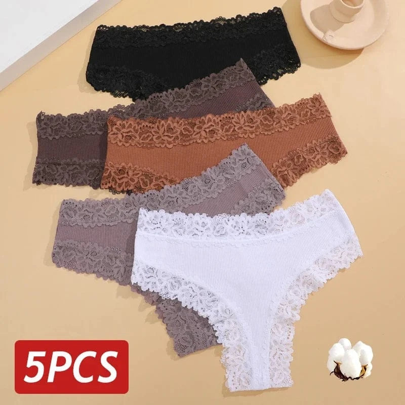 5PCS/Set Women Lace Seamless Cotton Panties Sexy Brazilian Pants Ribbed Breathable Girls Underwear Soft Plus Size Lingerie S-XL - A-1 Thread Vault