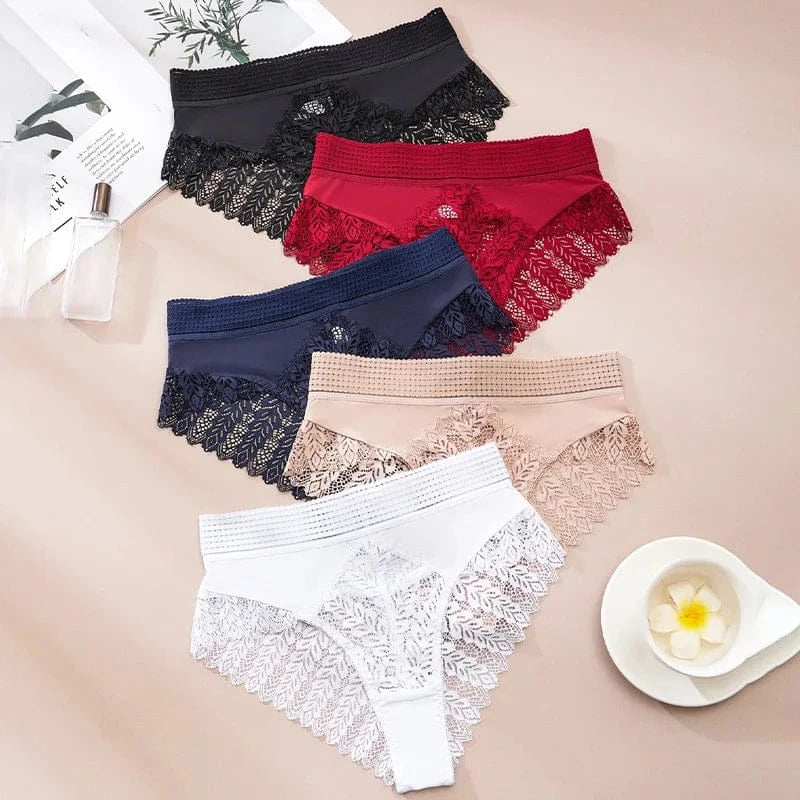 5pcs Solid Color Lace High Waist Sheer Triangle Panties Women's Underwear - A-1 Thread Vault
