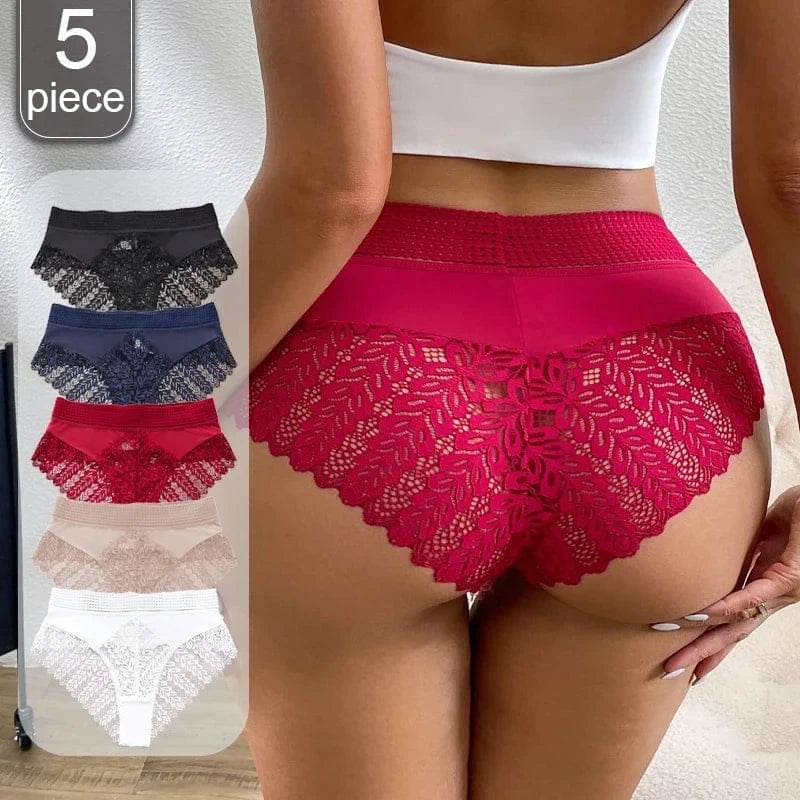 5pcs Solid Color Lace High Waist Sheer Triangle Panties Women's Underwear - A-1 Thread Vault
