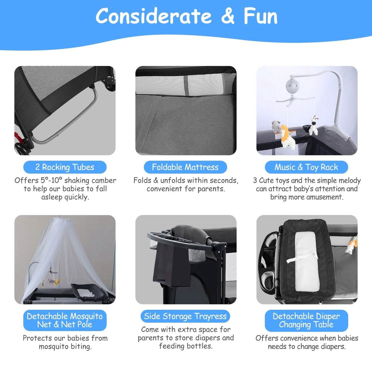 6-in-1 Foldable Baby Crib with Activity Center Diaper Changing Table - A-1 Thread Vault