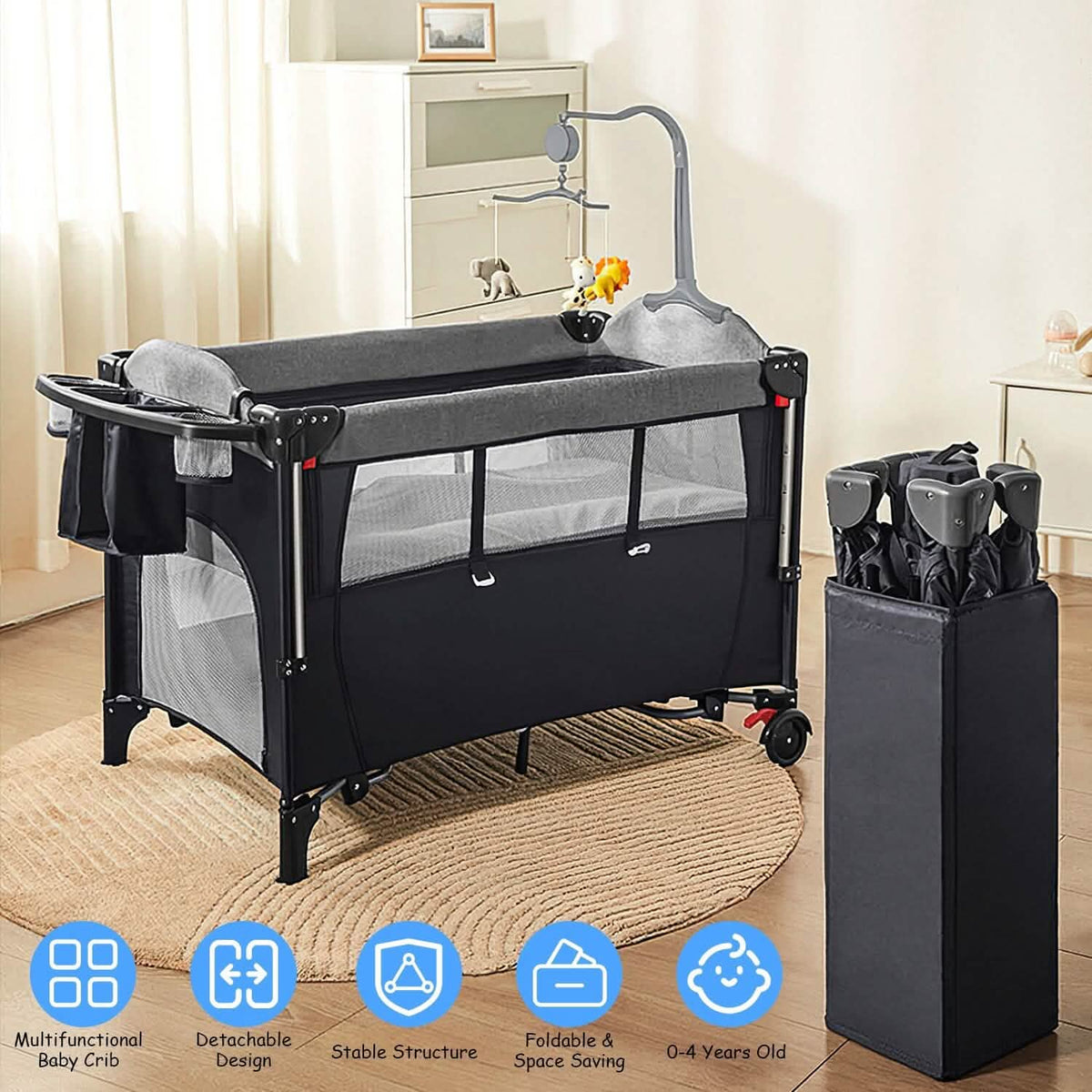6-in-1 Foldable Baby Crib with Activity Center Diaper Changing Table - A-1 Thread Vault