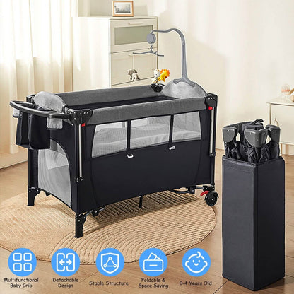 6-in-1 Foldable Baby Crib with Activity Center Diaper Changing Table - A-1 Thread Vault