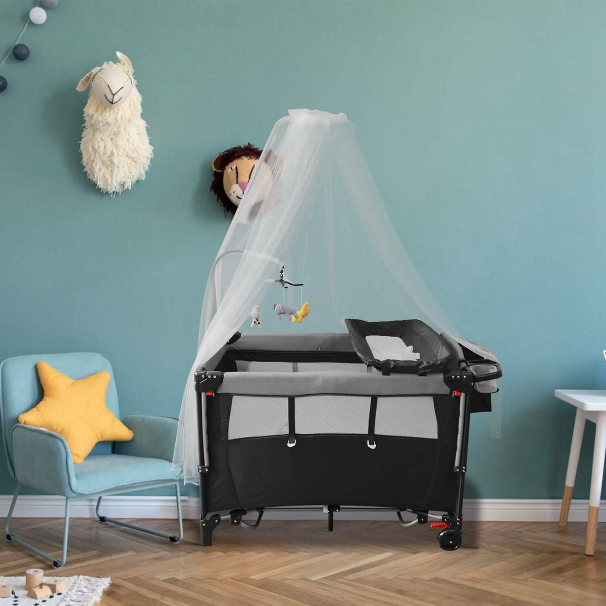 6-in-1 Foldable Baby Crib with Activity Center Diaper Changing Table - A-1 Thread Vault