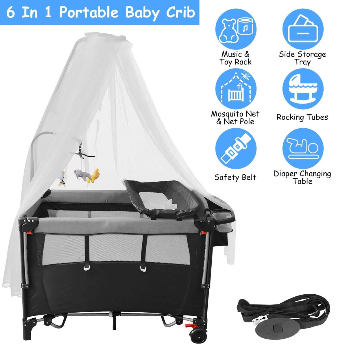 6-in-1 Foldable Baby Crib with Activity Center Diaper Changing Table - A-1 Thread Vault