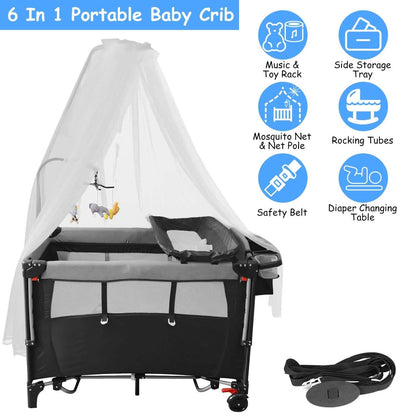 6-in-1 Foldable Baby Crib with Activity Center Diaper Changing Table - A-1 Thread Vault