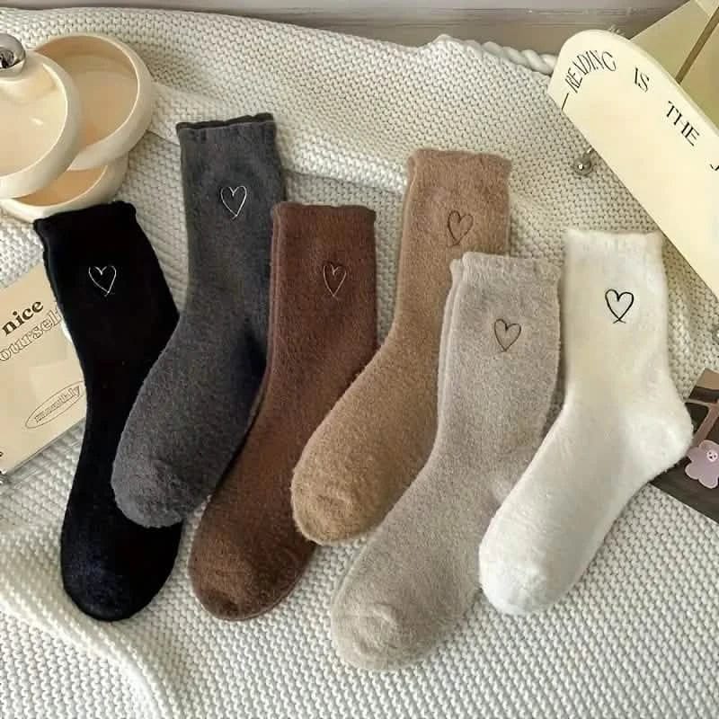 6-Pairs: Ultra Comfy Heart Embroidery Fuzzy Socks, Warm Women's Stockings & Hosiery for Cold Weather - A-1 Thread Vault
