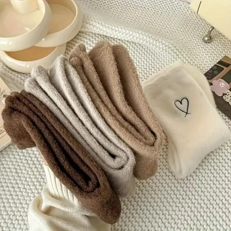 6-Pairs: Ultra Comfy Heart Embroidery Fuzzy Socks, Warm Women's Stockings & Hosiery for Cold Weather - A-1 Thread Vault