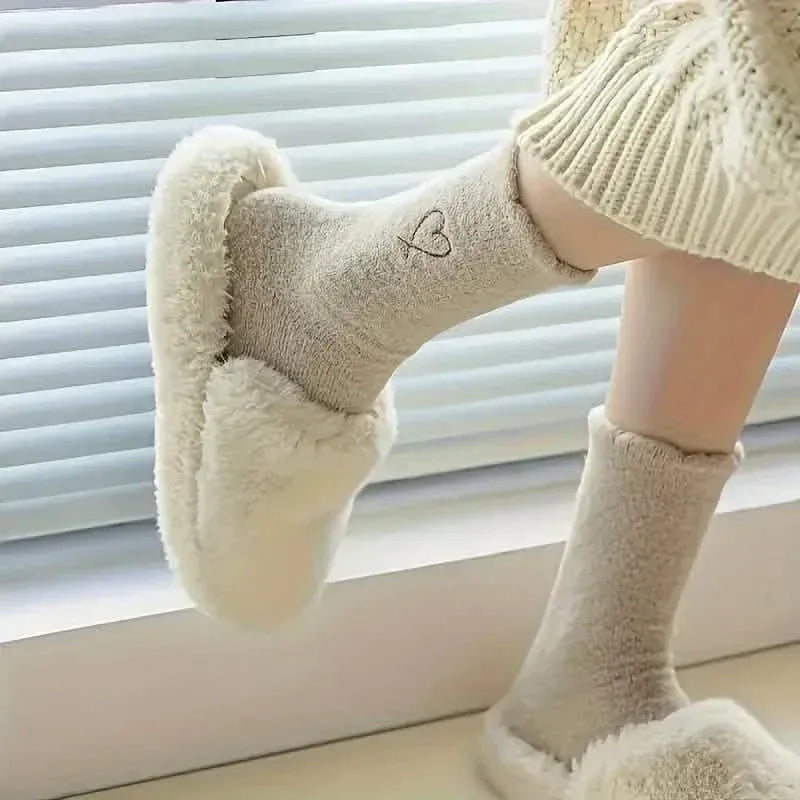 6-Pairs: Ultra Comfy Heart Embroidery Fuzzy Socks, Warm Women's Stockings & Hosiery for Cold Weather - A-1 Thread Vault
