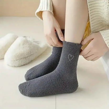 6-Pairs: Ultra Comfy Heart Embroidery Fuzzy Socks, Warm Women's Stockings & Hosiery for Cold Weather - A-1 Thread Vault