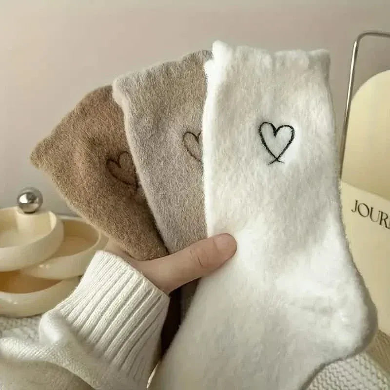 6-Pairs: Ultra Comfy Heart Embroidery Fuzzy Socks, Warm Women's Stockings & Hosiery for Cold Weather - A-1 Thread Vault