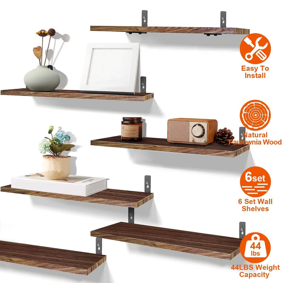 6-Piece Set: Wall Mounted Shelve Wood Storage Metal Bracket Display - A-1 Thread Vault