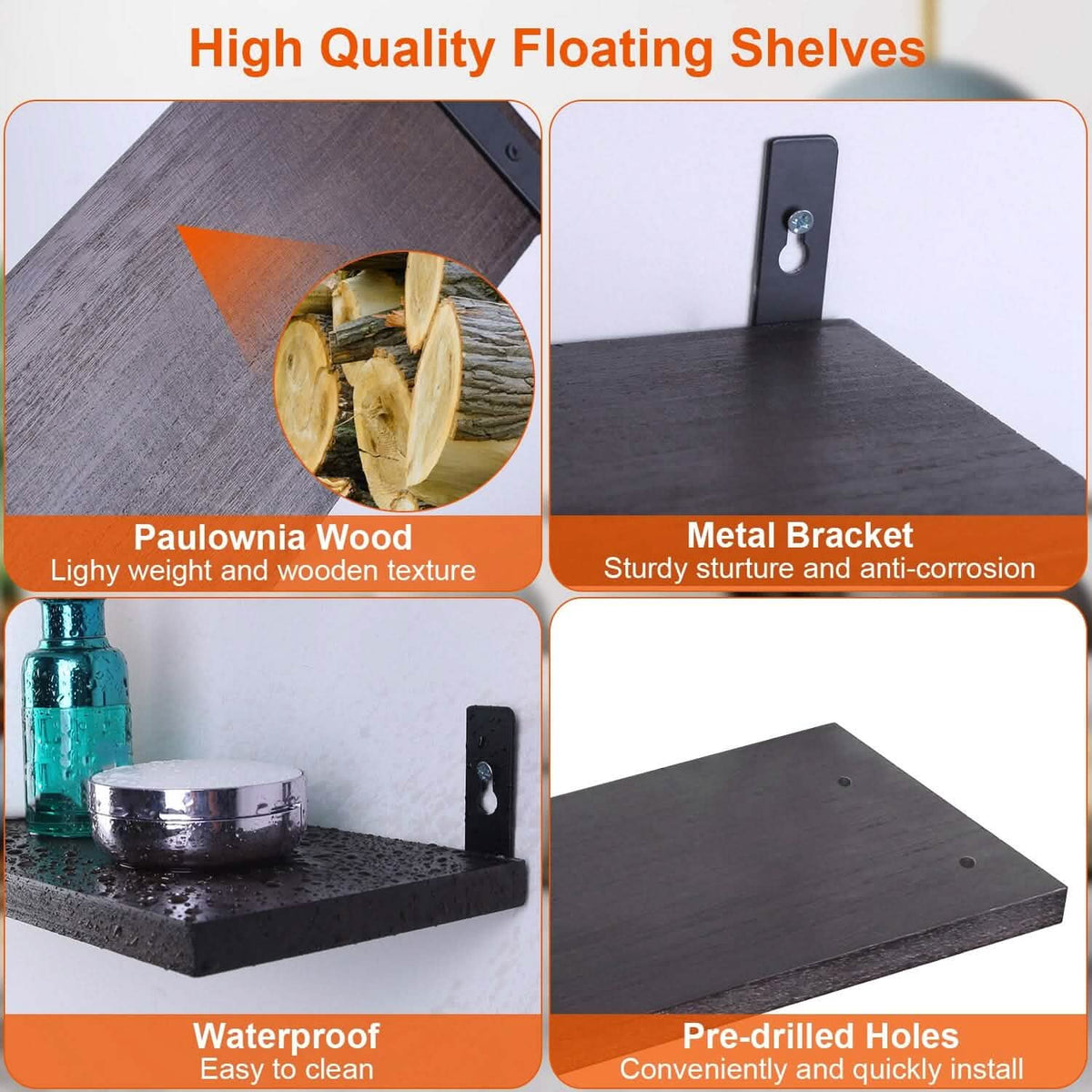 6-Piece Set: Wall Mounted Shelve Wood Storage Metal Bracket Display - A-1 Thread Vault