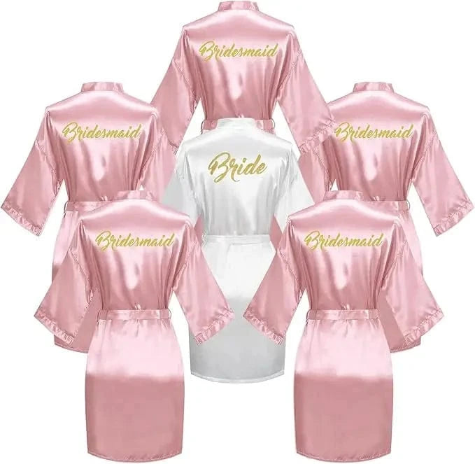 6 Pieces Bridal Shower Bathrobe Set for Bride and Bridesmaid Silky Robe Set Getting Ready Dressing Gown - A-1 Thread Vault