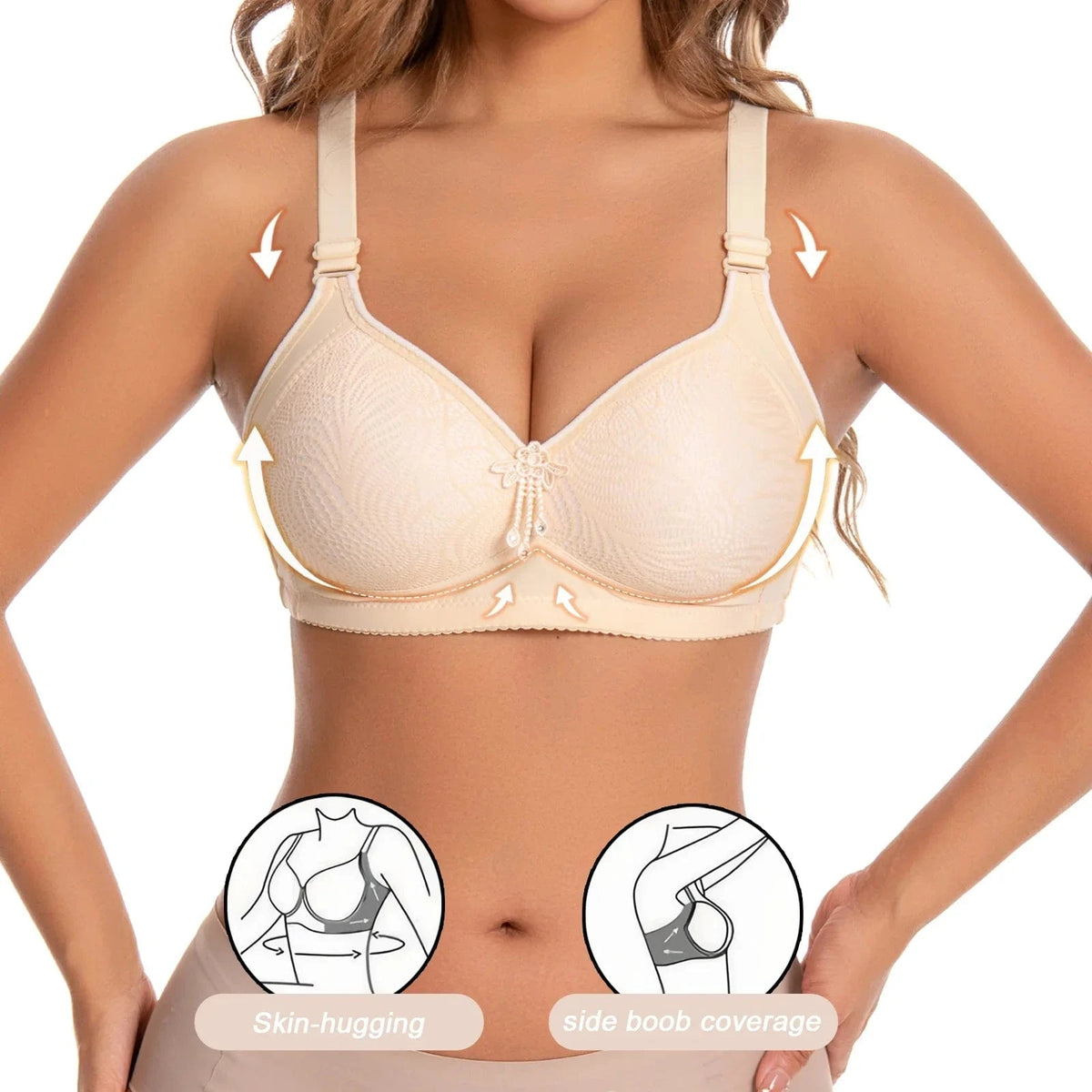 A beige full-coverage bra with lace detailing and a small decorative charm at the center, worn by a woman with two circular diagrams below illustrating the garment's skin-hugging fit and side support.