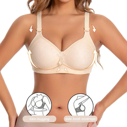 A beige full-coverage bra with lace detailing and a small decorative charm at the center, worn by a woman with two circular diagrams below illustrating the garment's skin-hugging fit and side support.