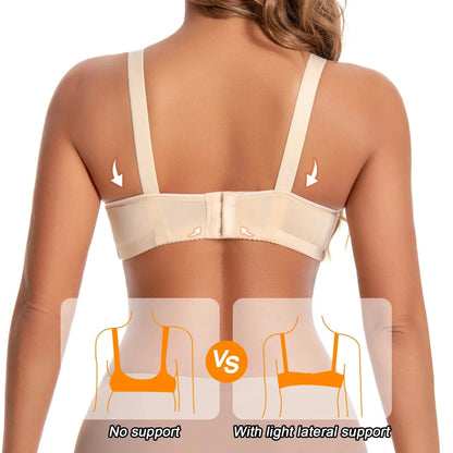 A beige bra shown from the back on a person, featuring arrows pointing to the straps and sides to demonstrate back support compared to a standard bra in an included comparison diagram.