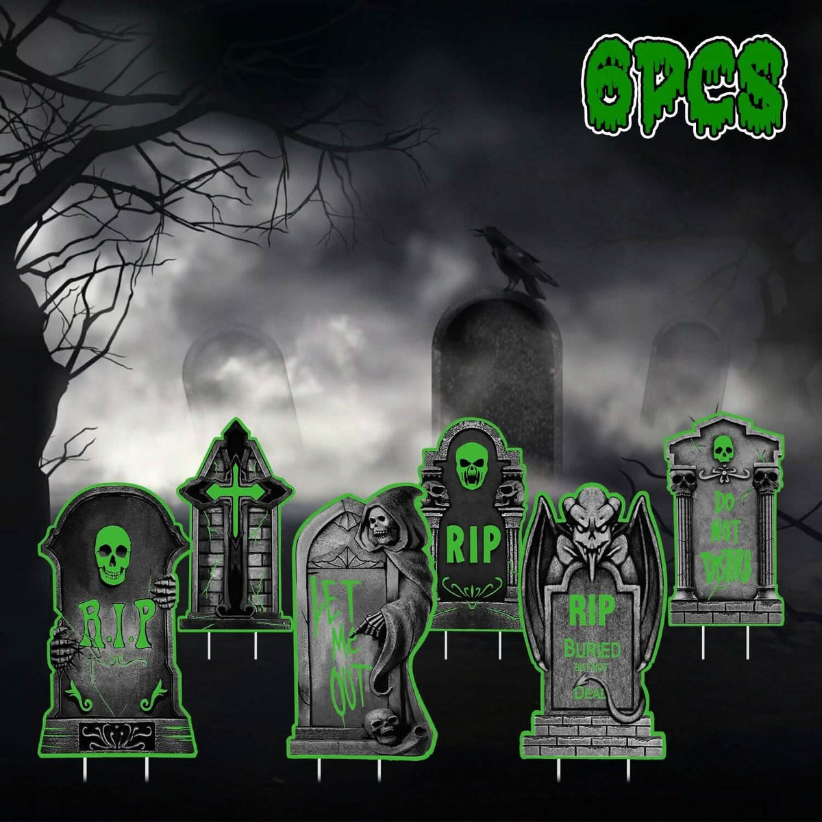 6-Pieces: Glow in the Dark Halloween Yard Sign Decorations with 12 Stakes - A-1 Thread Vault