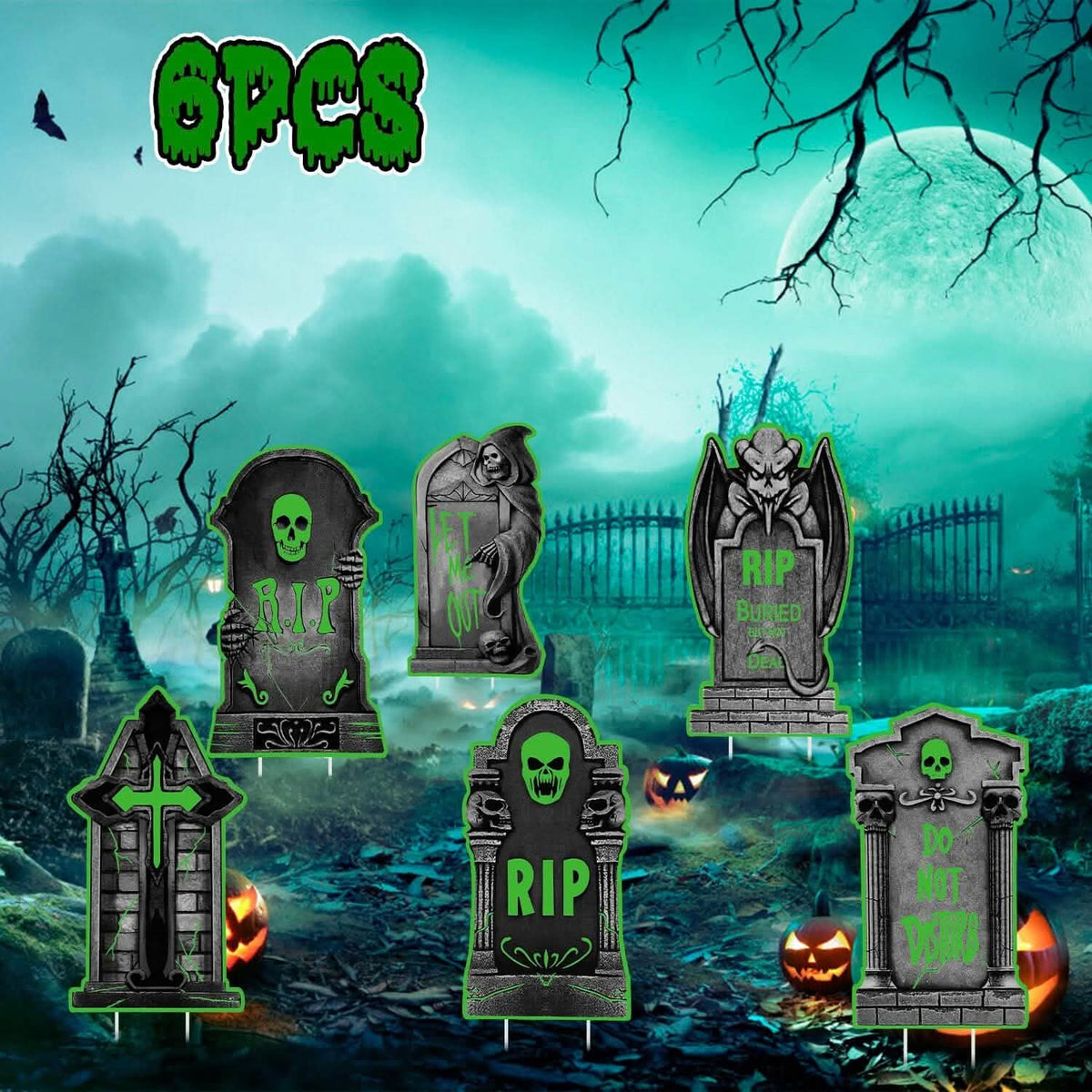 6-Pieces: Glow in the Dark Halloween Yard Sign Decorations with 12 Stakes - A-1 Thread Vault