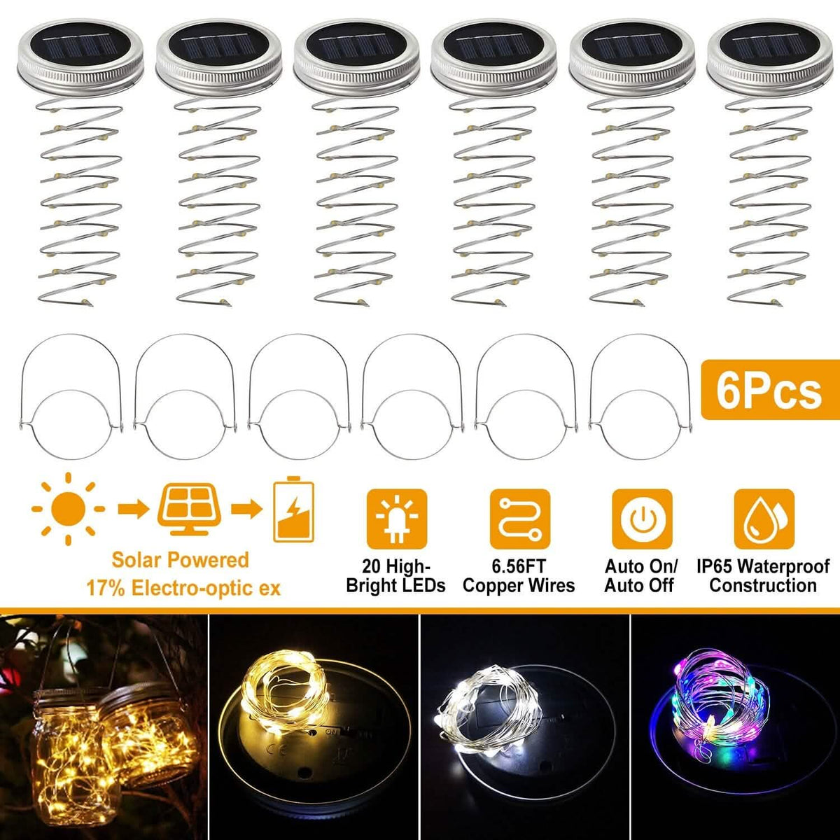 6-Pieces: Solar Powered Mason Jar Lid Lights 20 LEDs - A-1 Thread Vault