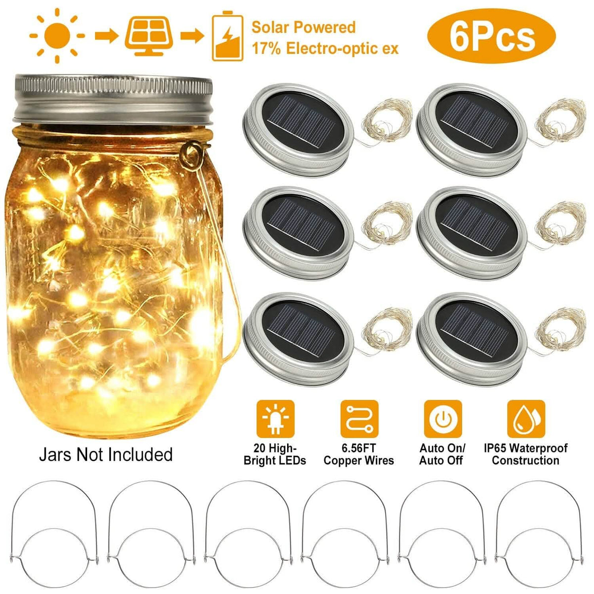 6-Pieces: Solar Powered Mason Jar Lid Lights 20 LEDs - A-1 Thread Vault