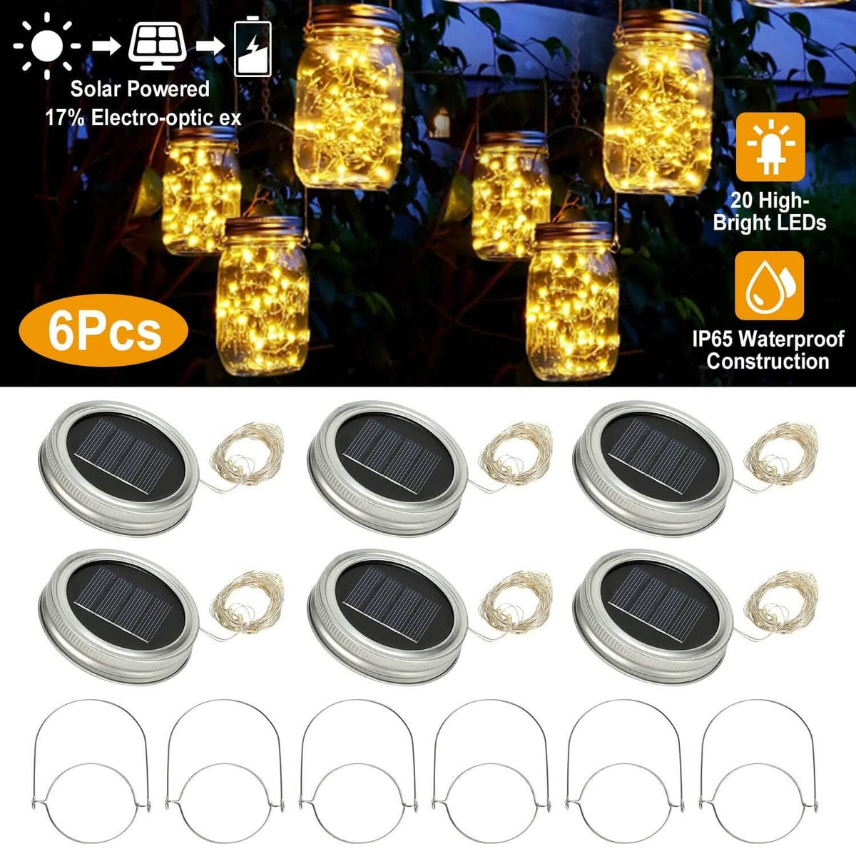 6-Pieces: Solar Powered Mason Jar Lid Lights 20 LEDs - A-1 Thread Vault