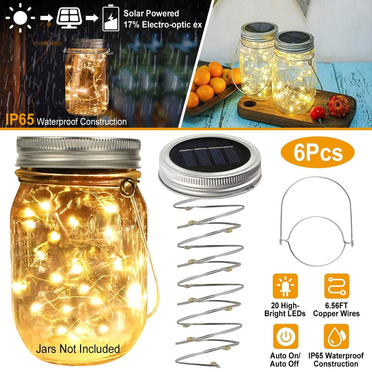 6-Pieces: Solar Powered Mason Jar Lid Lights 20 LEDs - A-1 Thread Vault