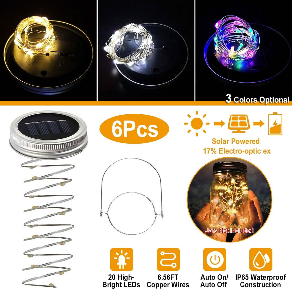 6-Pieces: Solar Powered Mason Jar Lid Lights 20 LEDs - A-1 Thread Vault