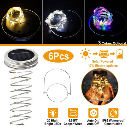 6-Pieces: Solar Powered Mason Jar Lid Lights 20 LEDs - A-1 Thread Vault