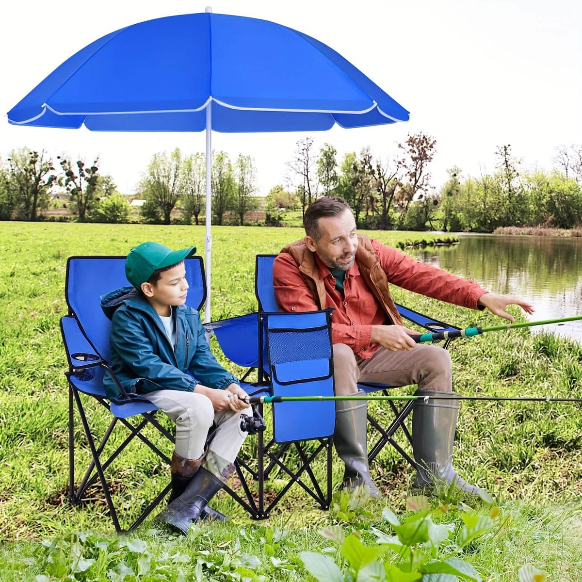 Folding Double Camping Chair with Umbrella (Blue) - A-1 Thread Vault