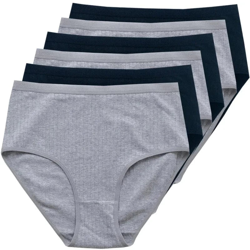 A stack of five high-waisted ribbed underwear in alternating grey and dark navy blue colors.