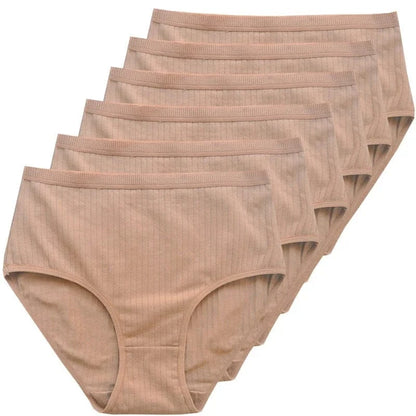 A stack of five beige ribbed high-waisted briefs arranged in a cascading overlapping row.