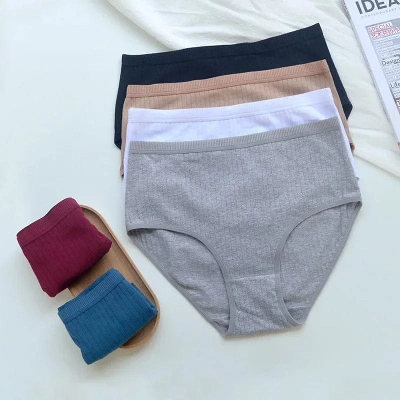 A variety of ribbed cotton-style briefs in black, tan, white, grey, burgundy, and blue, arranged on a light surface with a small wooden tray.