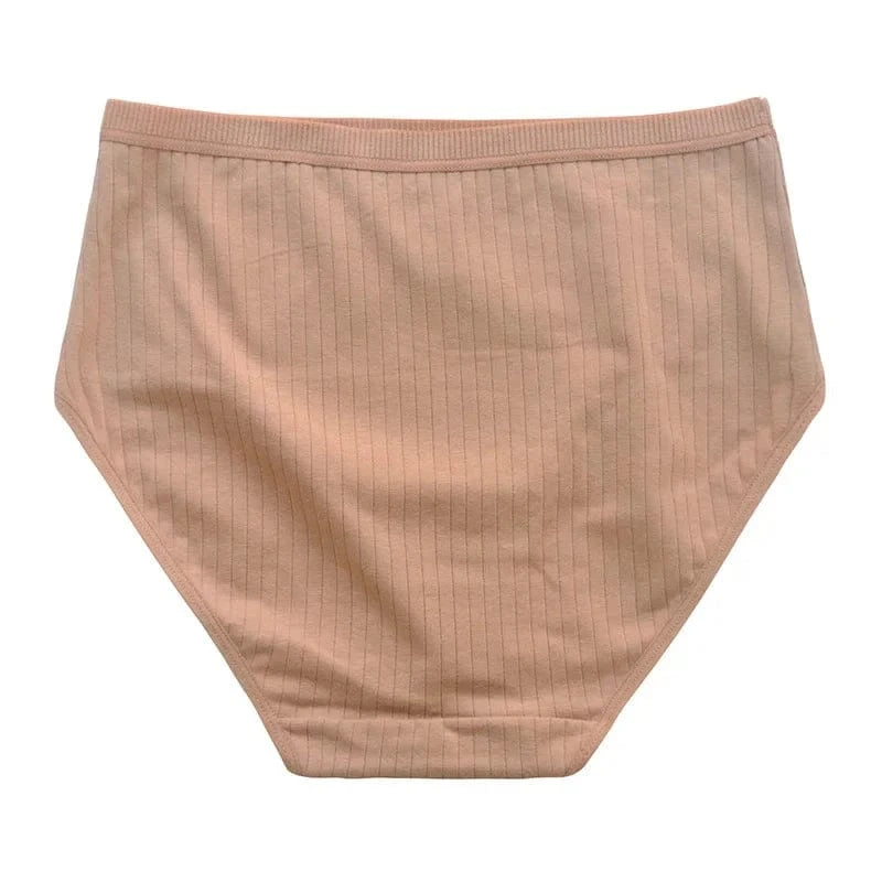 A pair of high-waisted ribbed panties in a muted peach tone with a wide, textured waistband.