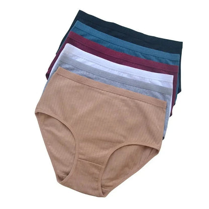 A stack of five ribbed high-waisted briefs in tan, grey, white, maroon, and teal, arranged in a descending overlap.
