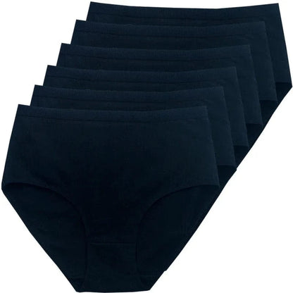 A set of five dark navy blue seamless briefs stacked neatly in a row against a plain white background.