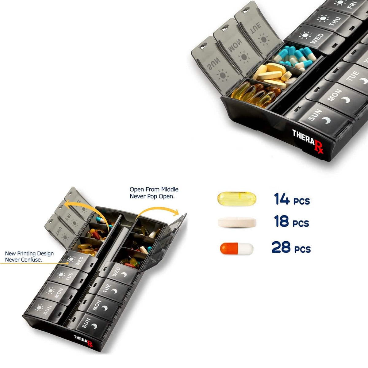 7-Day Push Button Pill, Medicine, Vitamin Organizer with AM/PM Large Compartments - A-1 Thread Vault