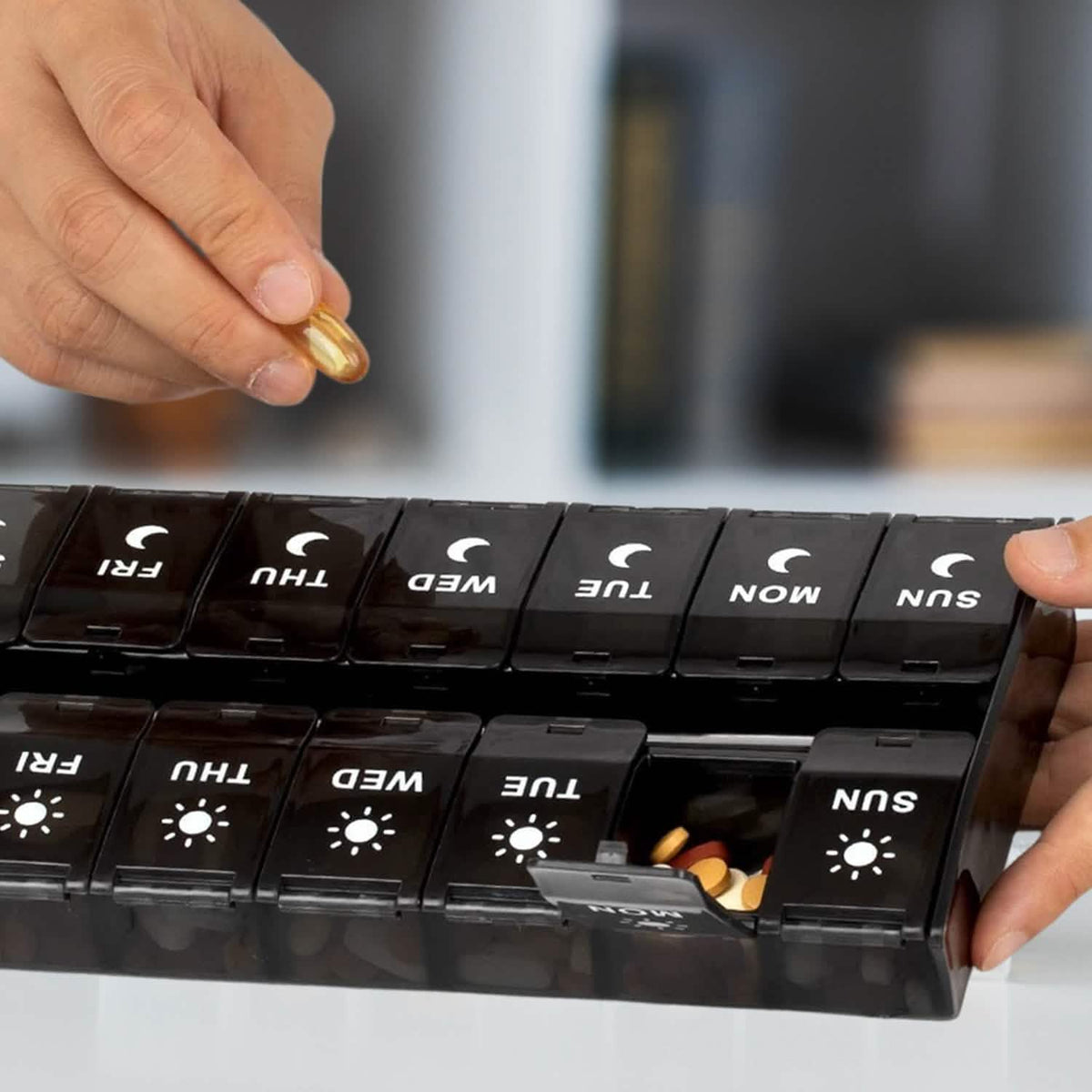7-Day Push Button Pill, Medicine, Vitamin Organizer with AM/PM Large Compartments - A-1 Thread Vault