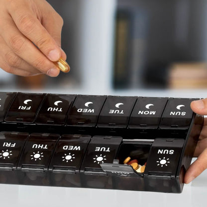 7-Day Push Button Pill, Medicine, Vitamin Organizer with AM/PM Large Compartments - A-1 Thread Vault