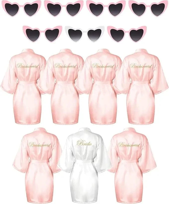 7 Pcs Bride Bridesmaid Robe Sets for Wedding Bridal Party Satin Robes Maid of Honor Robe with Heart Shaped Sunglasses - A-1 Thread Vault