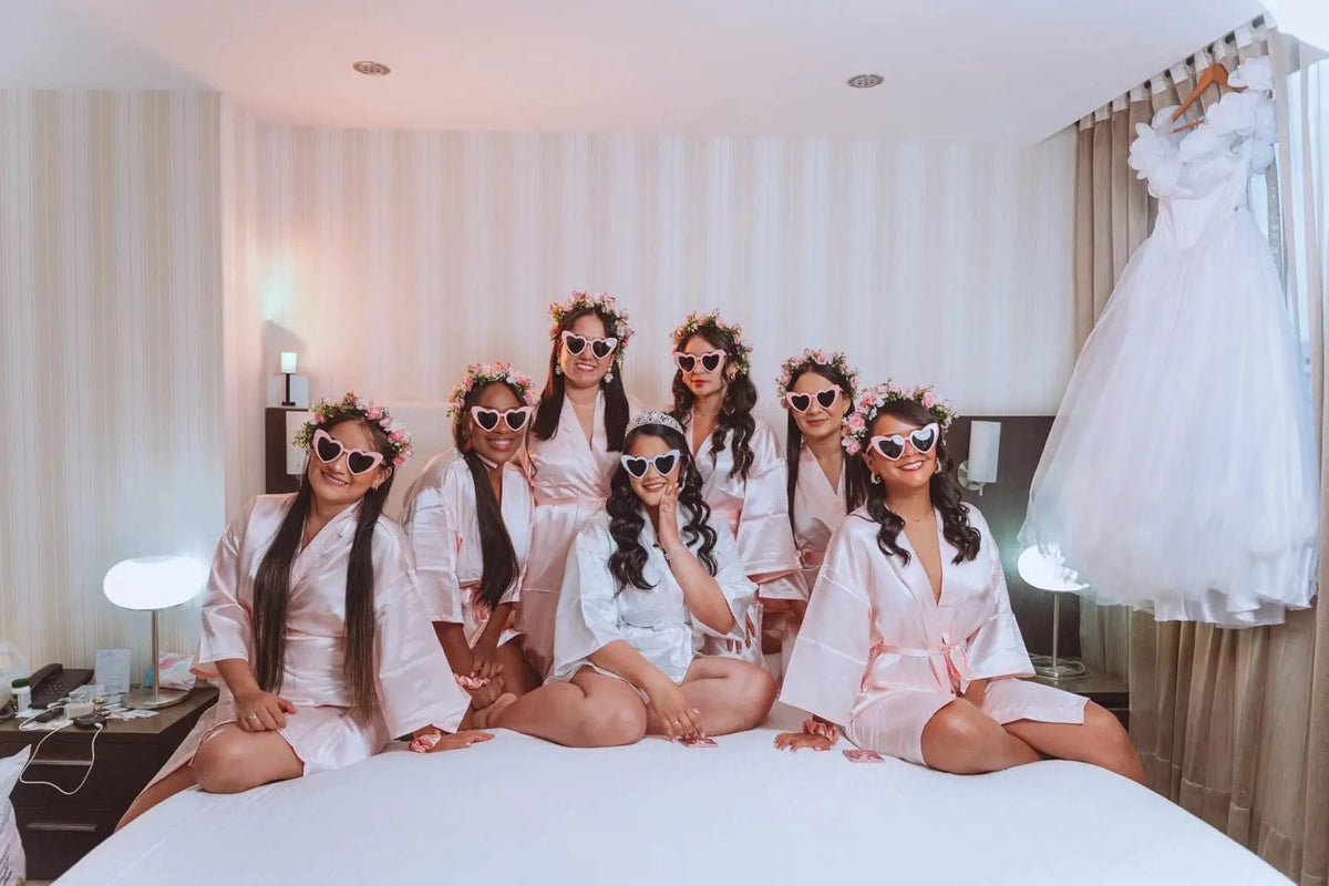 7 Pcs Bride Bridesmaid Robe Sets for Wedding Bridal Party Satin Robes Maid of Honor Robe with Heart Shaped Sunglasses - A-1 Thread Vault