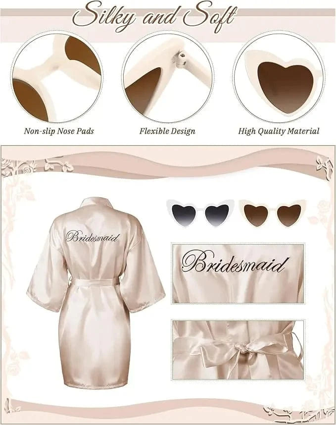 7 Pcs Bride Bridesmaid Robe Sets for Wedding Bridal Party Satin Robes Maid of Honor Robe with Heart Shaped Sunglasses - A-1 Thread Vault