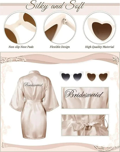 7 Pcs Bride Bridesmaid Robe Sets for Wedding Bridal Party Satin Robes Maid of Honor Robe with Heart Shaped Sunglasses - A-1 Thread Vault