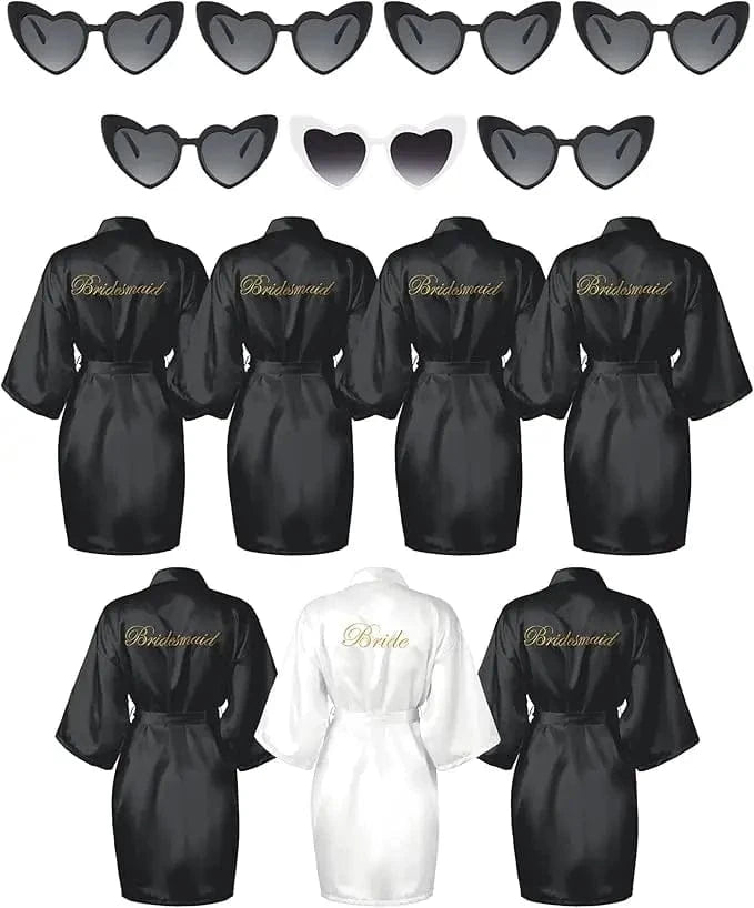 7 Pcs Bride Bridesmaid Robe Sets for Wedding Bridal Party Satin Robes Maid of Honor Robe with Heart Shaped Sunglasses - A-1 Thread Vault