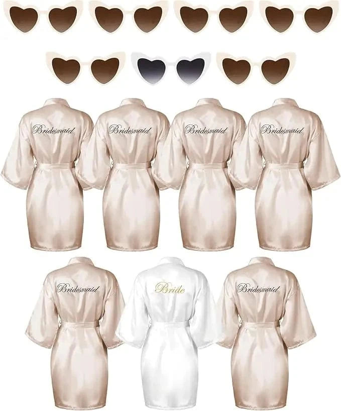 7 Pcs Bride Bridesmaid Robe Sets for Wedding Bridal Party Satin Robes Maid of Honor Robe with Heart Shaped Sunglasses - A-1 Thread Vault