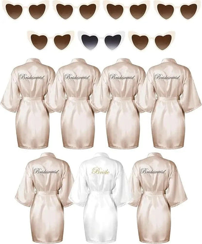 7 Pcs Bride Bridesmaid Robe Sets for Wedding Bridal Party Satin Robes Maid of Honor Robe with Heart Shaped Sunglasses - A-1 Thread Vault