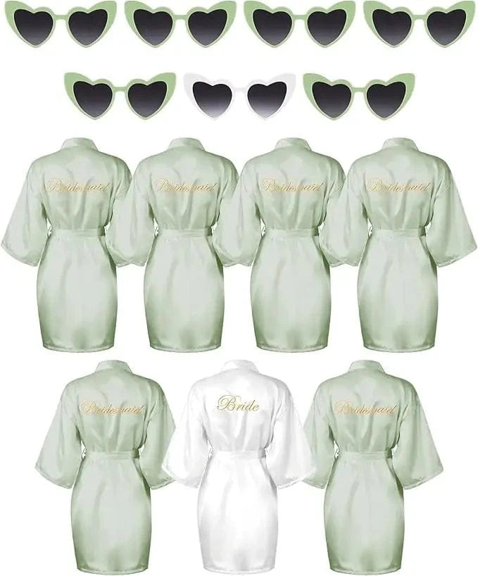 7 Pcs Bride Bridesmaid Robe Sets for Wedding Bridal Party Satin Robes Maid of Honor Robe with Heart Shaped Sunglasses - A-1 Thread Vault